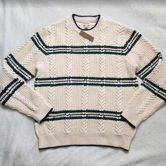 New mens M XL J Crew Heritage cotton cable-knit crewneck sweater in stripe Ivory